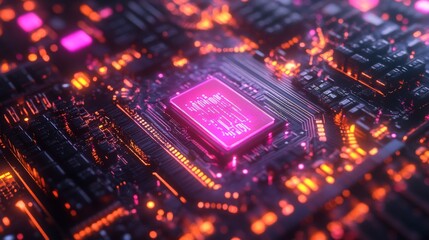 Obraz premium Quantum Processor Chip with Futuristic Designs: A close-up of a quantum processor chip glowing with futuristic energy lines.