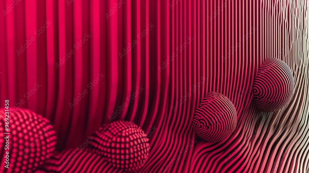 Poster a red curtain with a red stripe and a bunch of balls on it. the balls are in different sizes and are