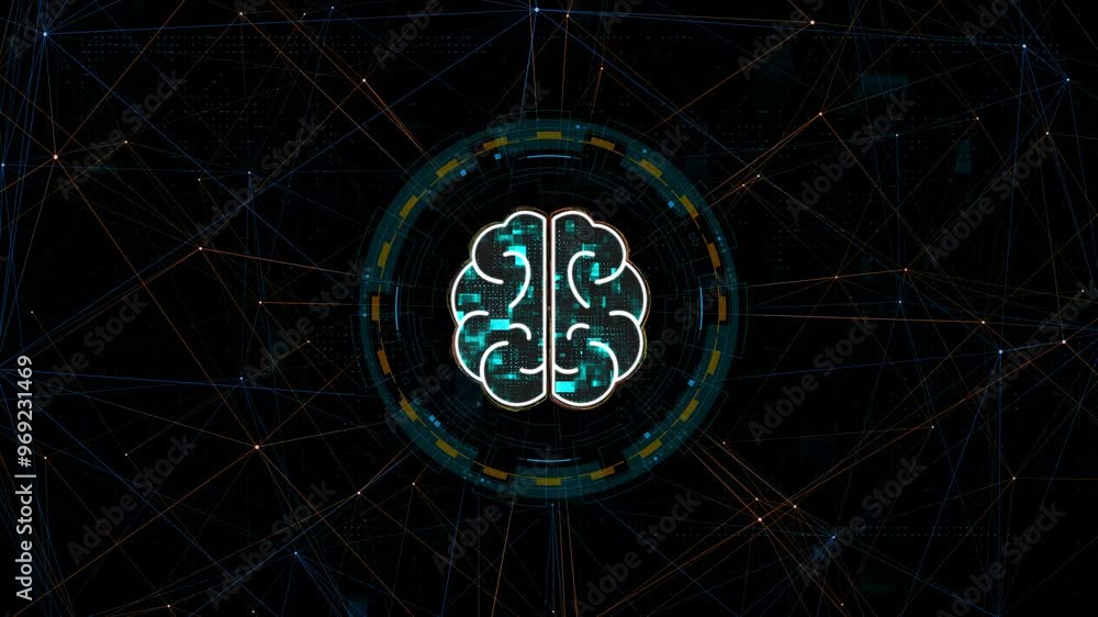 Poster motion graphic of blue digital brain logo with circle futuristic hud element and orange line connect