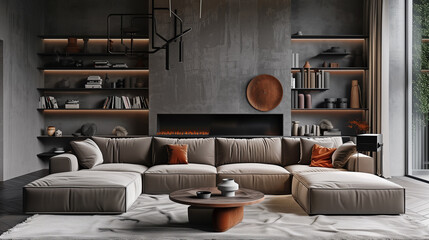 
Living room with a large sectional sofa in soft velvet, floating shelves on the wall, and a minimalist fireplace as the focal point.