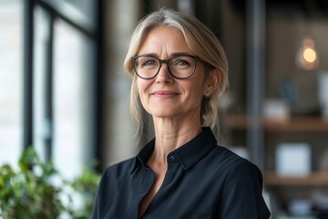 Happy mature business woman leader standing in office looking away. Smiling confident older middle aged professional lady corporate leader, senior female executive with generative ai