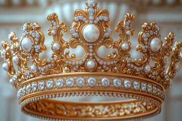 Fototapeta premium majestic golden crown floating against pure white backdrop intricate details gleaming regal and timeless symbol of power