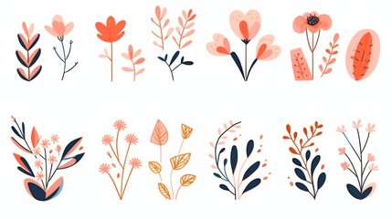 Set of Isolated Naive Cutout Plants in Modern Minimalist Style. Hand-Drawn Colorful Flat Vector Illustrations for Interior Design on Minimalist Cards.