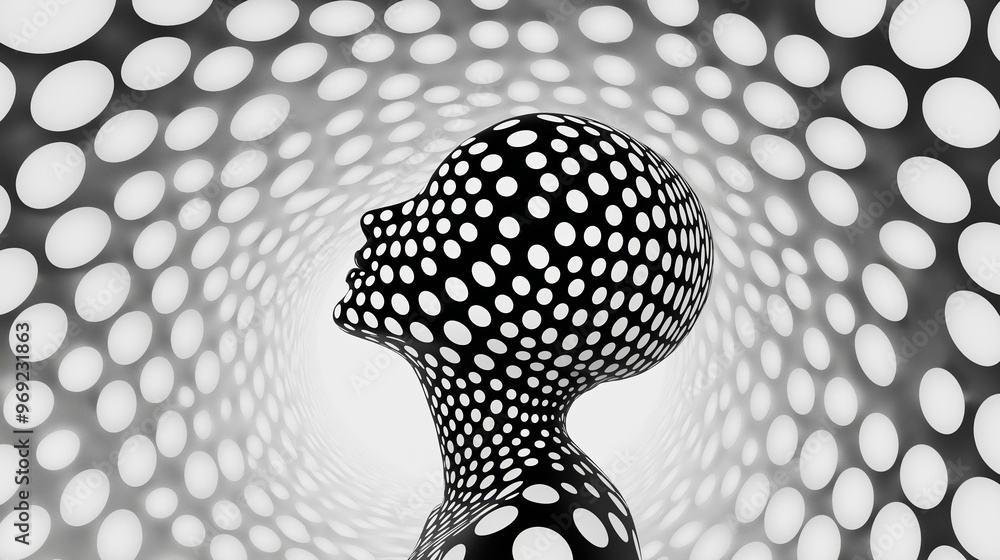 Aufkleber a black and white image of a face with a large number of dots surrounding it. the image has a surrea