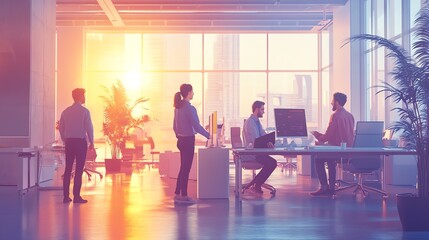 Four businesspeople working in a modern office with large windows and a city view.  The office has a warm and inviting atmosphere, and the people are all dressed in professional attire.