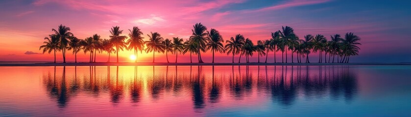 A row of palm trees silhouetted against a tropical sunset, with the ocean reflecting the vibrant colors