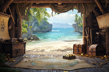 Naklejka premium A pirate cove interior with map table, treasure chests, and stunning beach view