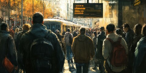 Crowded city street, people waiting for the tram.