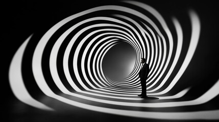 Naklejka premium A person is standing in a spiral tunnel. The tunnel is dark and the person is silhouetted against the light. Scene is mysterious and eerie