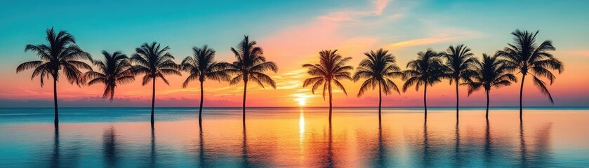 Fototapeta premium A row of palm trees silhouetted against a tropical sunset, with the ocean reflecting the vibrant colors