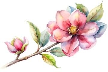 Watercolor illustration of a magnolia blossom and leaves