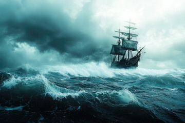 Obraz premium A pirate ship sails through stormy seas, battling fierce waves and dark clouds