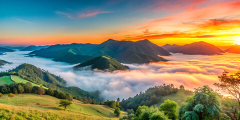 A wide-angle landscape shot of fog rolling over a mountain valley at dawn
