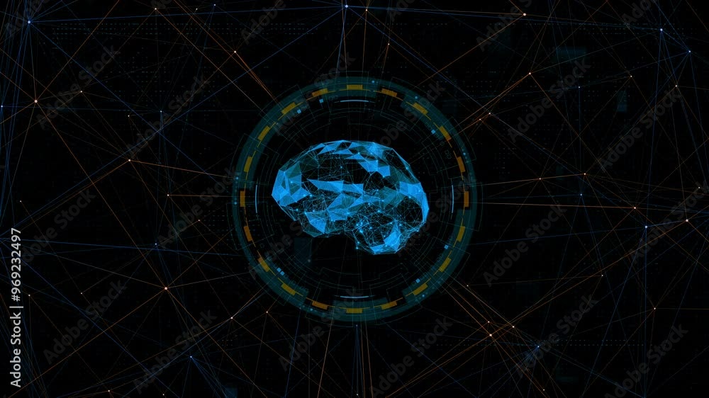 Poster motion graphic of blue digital brain logo with circle futuristic hud element and orange line connect