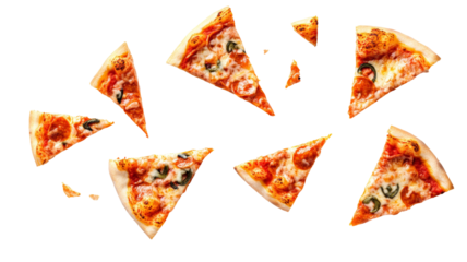 Charming depiction of pizza slices in descent highlighting vibrant colors and appetizing textures.