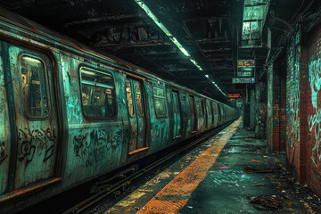Naklejka premium A haunting post apocalyptic subway station with graffiti and dim lighting