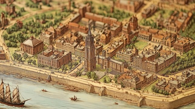 A detailed map of colonial New York City, highlighting the harbor, Wall Street, and Trinity Church, with illustrations of sailing ships and bustling streets.