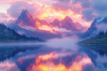 majestic mountain peaks piercing through misty clouds bathed in the warm glow of sunrise vibrant colors paint the sky reflecting off pristine alpine lakes below