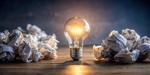 Crushing paper balls and light bulb symbolizing developing original ideas and learning from mistakes, innovation