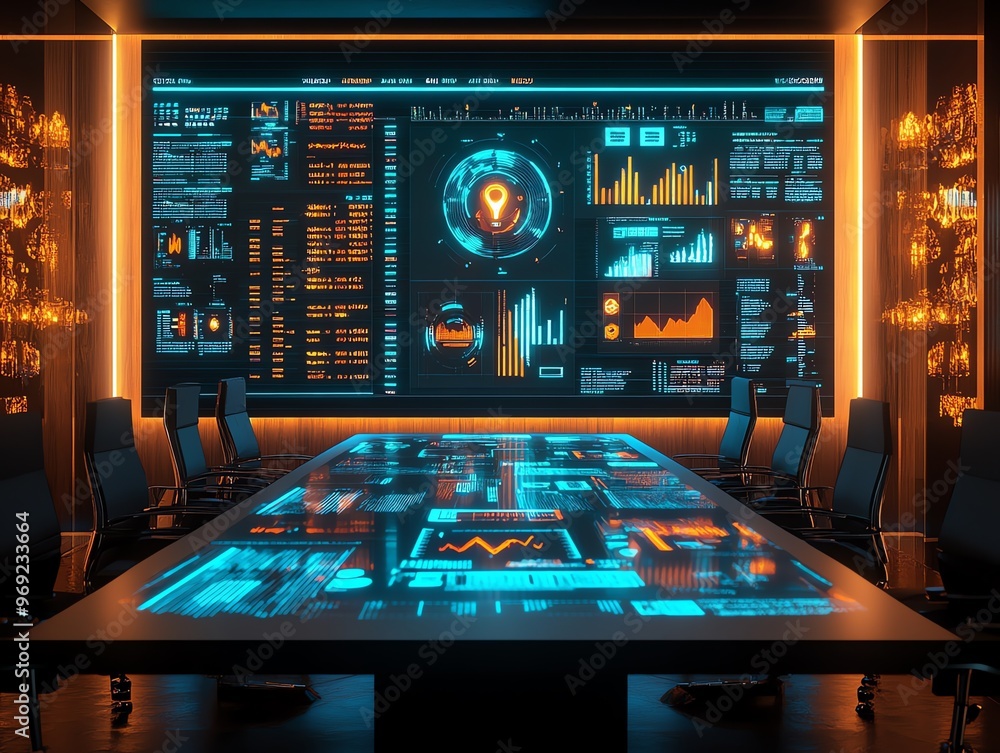 Poster futuristic conference room with glowing screen displaying data and graphs.