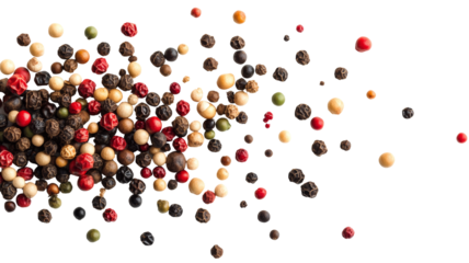 Dynamic portrayal of peppercorns in descent showcasing their roundness and deep colors.