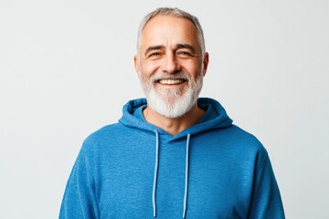 Obraz premium Happy mature old bearded man with dental smile, cool mid aged gray haired older senior hipster wearing blue sweatshirt standing isolated on white background looking at camera, with generative ai