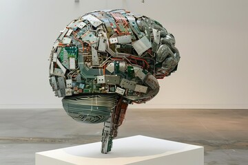Artificial neural network sculpture, intricately designed from circuit boards and metal components, symbolizes the fusion of technology and human cognition.