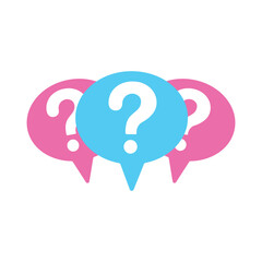 Three speech bubbles, two in pink and one in blue, each containing a white question mark. The arrangement suggests uncertainty, confusion, or the need for answers.