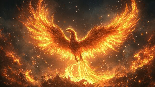 A majestic phoenix rising from the ashes, its feathers ablaze with fiery colors, symbolizing rebirth and renewal.
