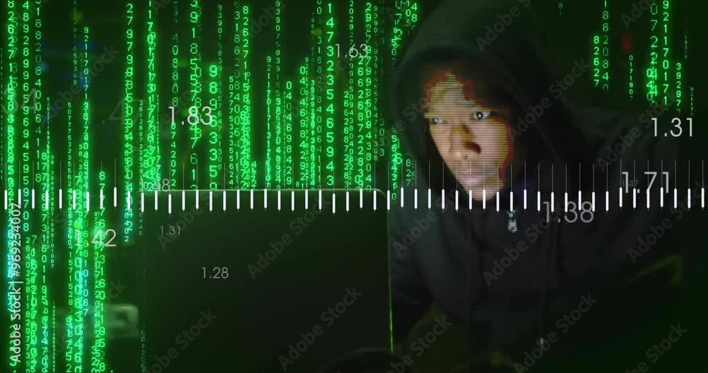 Poster animation of digital data processing over african american man using laptop by computer servers