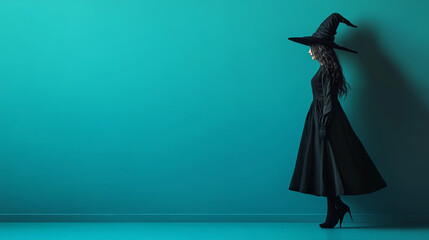 Silhouette of witch with hat and staff on color background