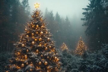 majestic snowdusted christmas tree twinkling fairy lights shimmering ornaments star topper glowing magical forest backdrop