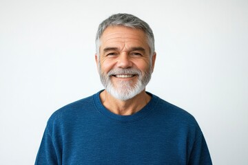 Obraz premium Happy mature old bearded man with dental smile, cool mid aged gray haired older senior hipster wearing blue sweatshirt standing isolated on white background looking at camera, with generative ai
