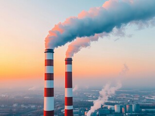 Aerial view of industrial smokestacks emitting vapor against a colorful sunset sky, symbolizing pollution and energy production.