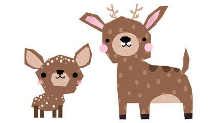 Deer educational card mother and kid play child forest woodland animals for education learning preschool cartoon character vector collection
