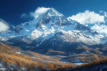 majestic snowcapped mountain range stretching across the horizon pristine white peaks contrasting against a vivid blue sky capturing the raw beauty of winter wilderness