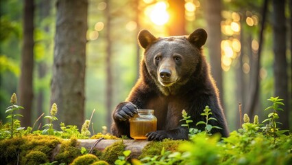 A bear enjoying a jar of sweet bee honey in the forest, bear, honey, bee, forest, wildlife, nature, sweet, eating, jar