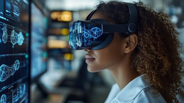 Researcher using a virtual reality interface to visualize protein structures in a biotech lab, Medium shot, eye-level composition, focusing on the person's engagement with the educational material.