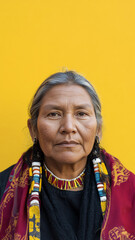 Obraz premium Middle aged Native American woman in traditional clothes on color background