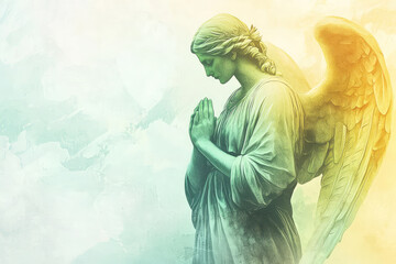 A serene illustration of an angel with gentle expression, praying peacefully