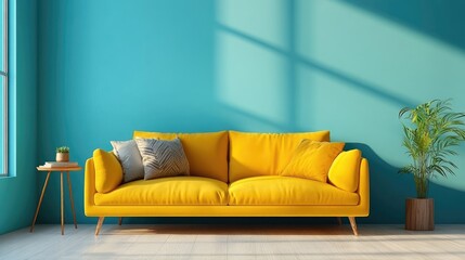 Yellow sofa in a blue room. Perfect for showcasing interior design or home decor.