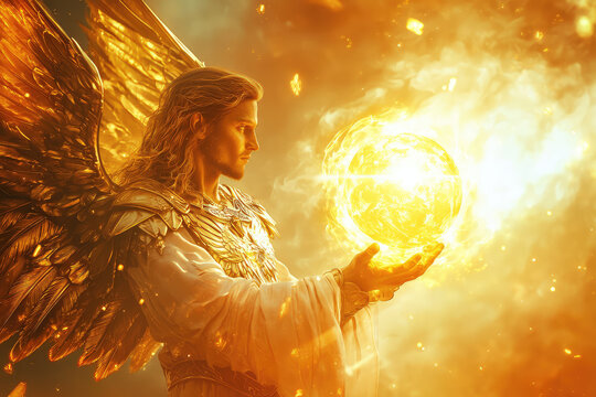 A serene illustration of Archangel Uriel holding glowing orb, radiating warmth and light