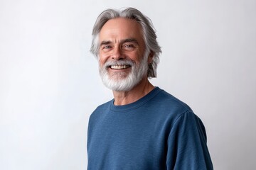 Obraz premium Happy mature old bearded man with dental smile, cool mid aged gray haired older senior hipster wearing blue sweatshirt standing isolated on white background looking at camera, with generative ai