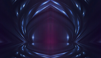 Obraz premium Neon empty stage lamps, pink and purple light, dark corridor, futuristic dark neon portal.