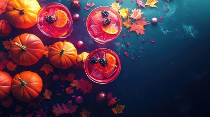 Halloween-themed wedding cocktail recipes, flat design, top view, 3D render, Triadic color scheme, spooky and delicious drinks