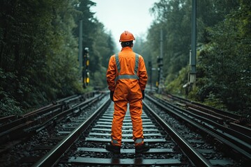 Naklejka premium A worker in safety gear stands on train tracks. This image represents the importance of safety and caution when working on railway tracks.