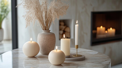 A serene interior scene featuring various lit candles and a vase of dried flowers on a marble table, creating a warm, cozy atmosphere.
