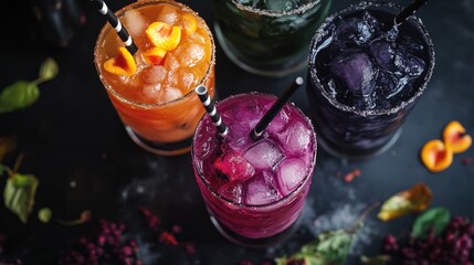 Halloween-themed wedding cocktail recipes, flat design, top view, 3D render, Triadic color scheme, spooky and delicious drinks