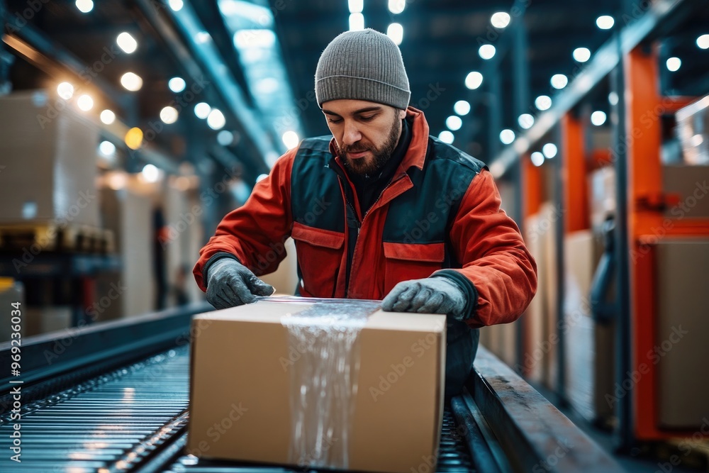 Poster worker wrapping a box on a conveyor belt. this image is perfect for illustrating concepts of logisti