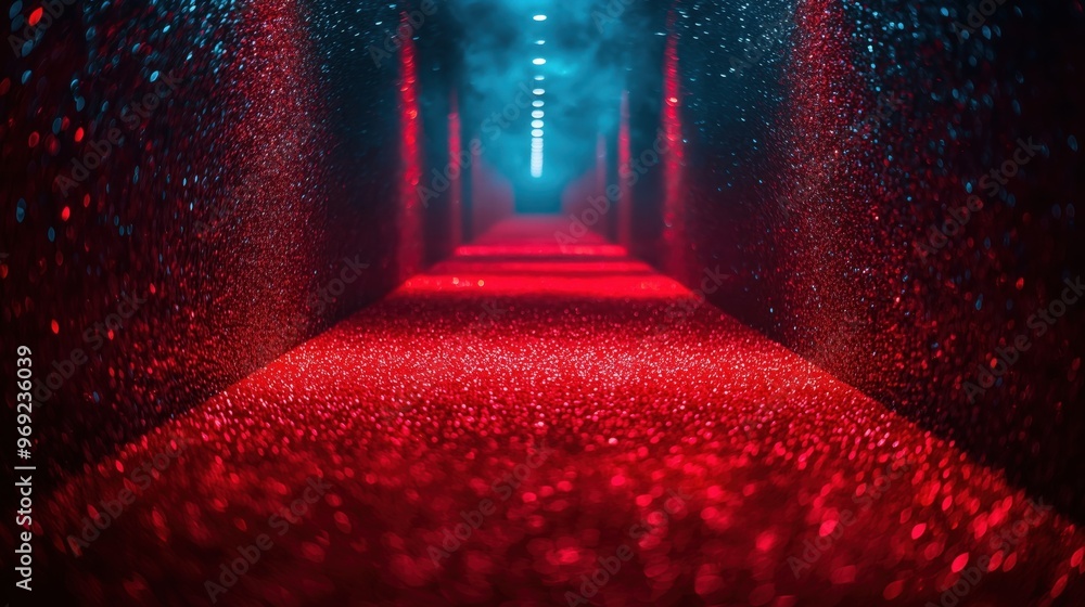 Poster a captivating perspective of a misty corridor illuminated by red and blue lights, creating a mesmeri